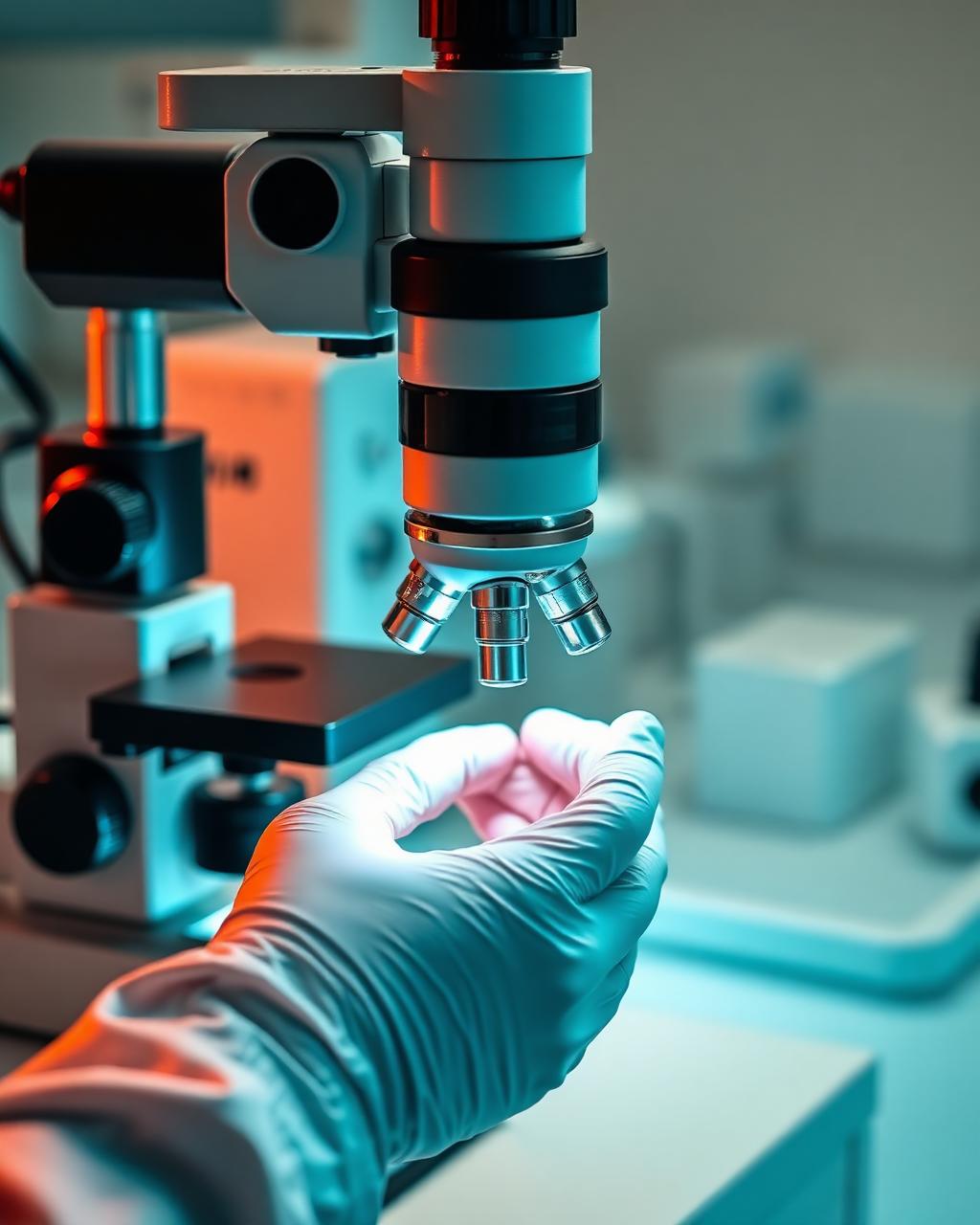 Embriologista realizando micromanipulação embrionária em laboratório