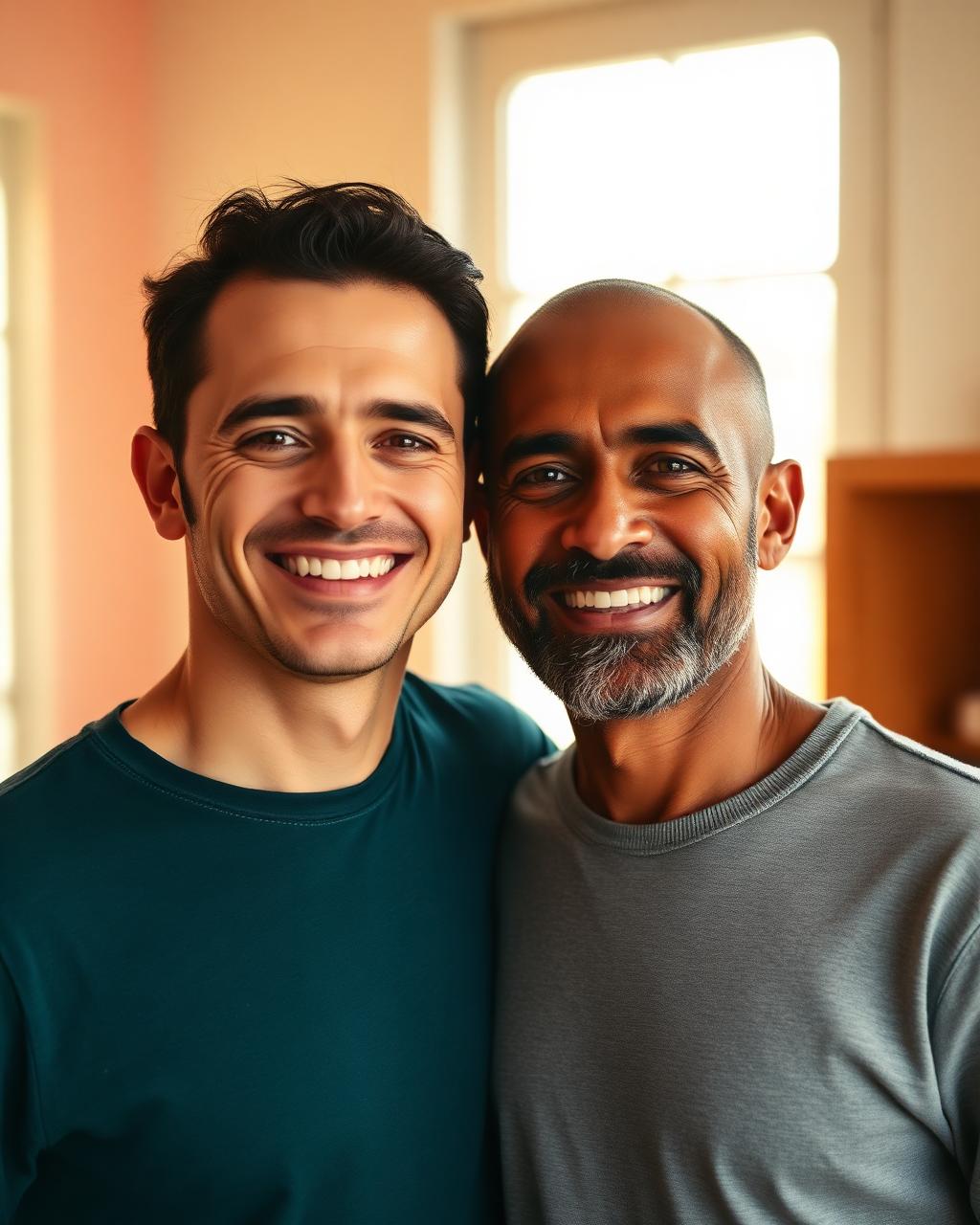 Casal de homens sorrindo juntos durante consulta de reprodução assistida