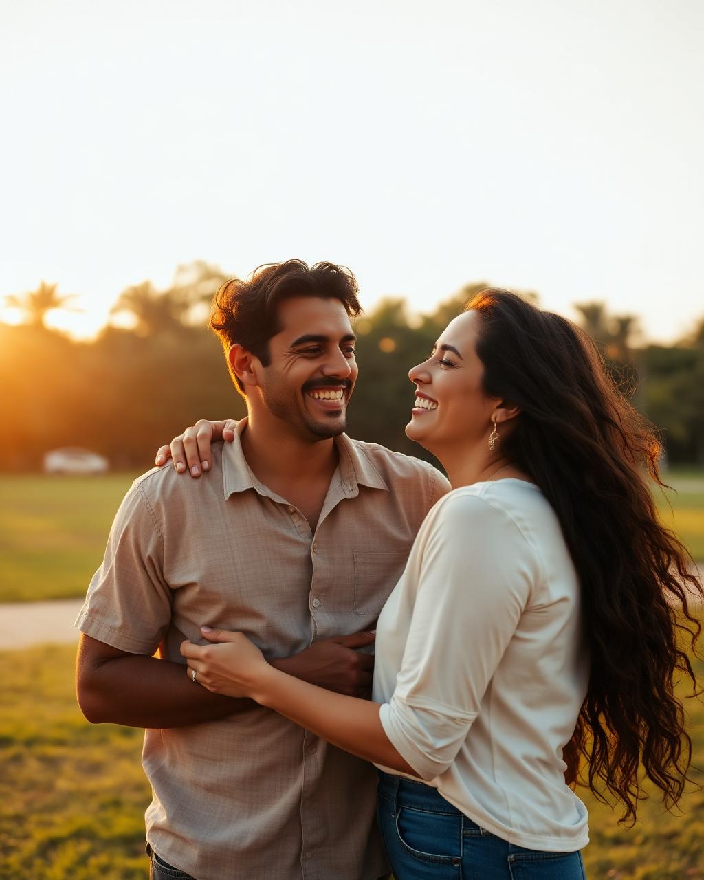 Casal sorrindo ao ar livre em luz dourada, planejando ter um filho